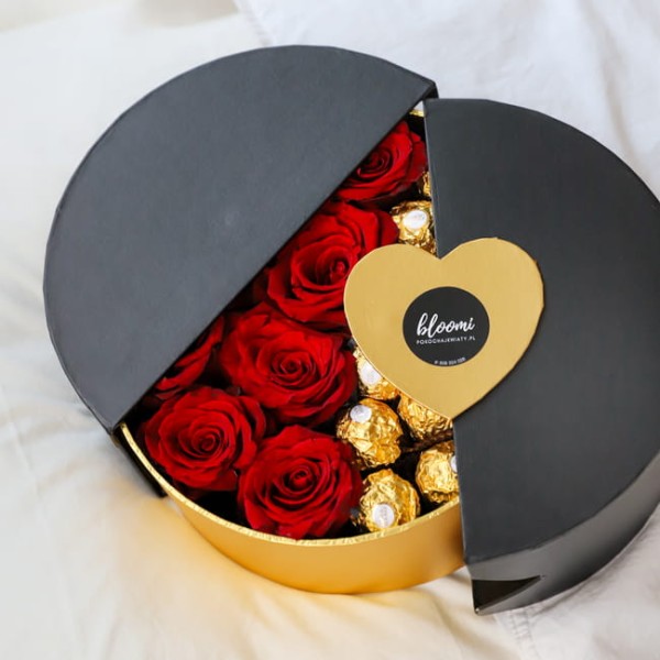 Pudełko prezentowe z różami i Ferrero Rocher - MIŁOŚĆ W STYLU GLAMOUR