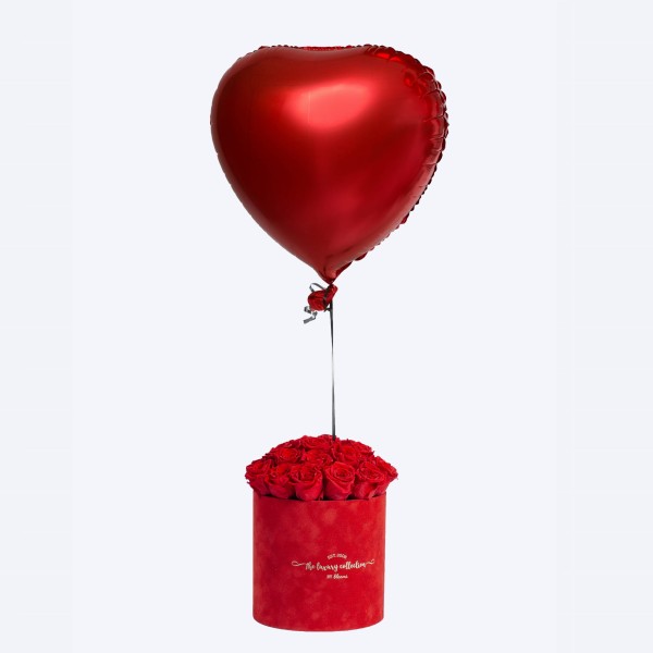 Welurowy flower box PREMIUM M + wieczne róże  + balon serce z helem