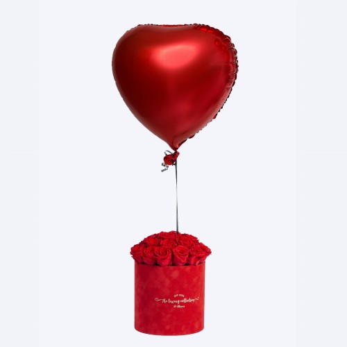 Welurowy flower box PREMIUM S + wieczne róże + balon serce z helem